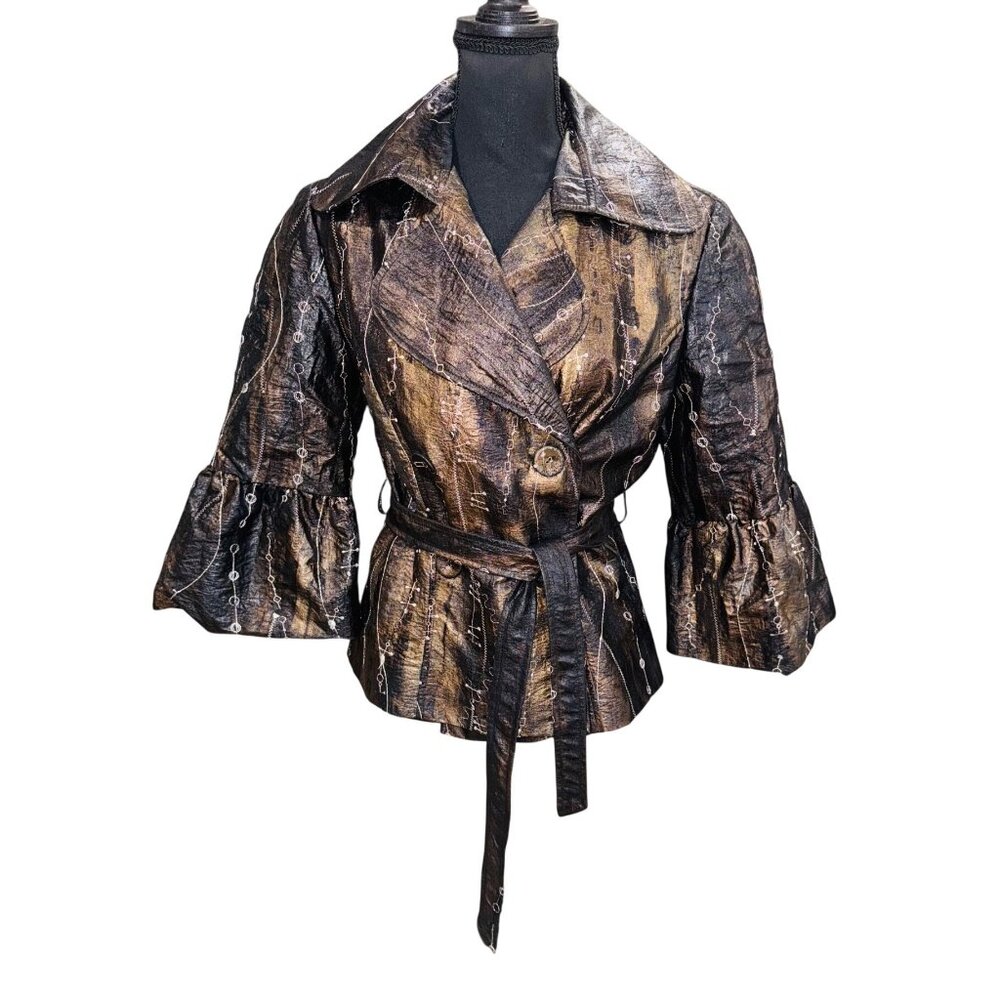 IQ Paris Womens 12 Metallic Bronze Bell Slv Peplum Taffeta Belted Jacket Formal